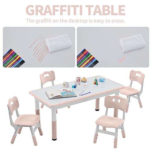 DOREROOM Toddler Table and Chairs Set for 4, 49''L x 25''W Kids Study Table and Chair Set, Height-Adjustable, Graffiti Desktop, Children Activity Table for Daycare, Classroom, Home, Pink