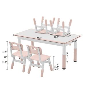 DOREROOM Toddler Table and Chairs Set for 4, 49''L x 25''W Kids Study Table and Chair Set, Height-Adjustable, Graffiti Desktop, Children Activity Table for Daycare, Classroom, Home, Pink