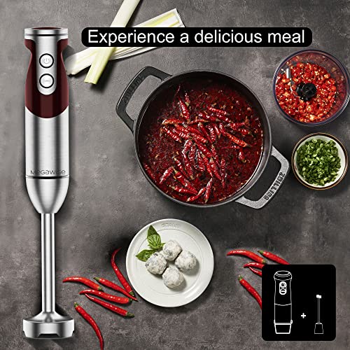 MegaWise Pro Titanium Reinforced 3-in-1 Immersion Hand Blender, Powerful 1000W with 80% Sharper Blades, 12-Speed Corded Blender, IncludingWhisk and Milk Frother (3-in 1 Red)