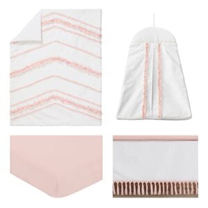 Sweet Jojo Designs Boho Bohemian Baby Girl Nursery Crib Bedding Set - 4 Pieces - Blush Pink and White Farmhouse Shabby Chic Designer Modern Minimalist Tuft Tufted Tassel Fringe Macrame Cotton