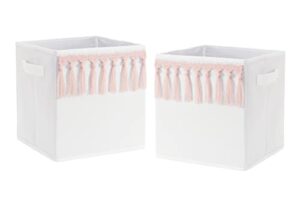 sweet jojo designs boho bohemian foldable fabric storage cube bins boxes organizer toys kids baby children - set of 2 - blush pink white farmhouse shabby chic designer modern minimalist tassel macrame