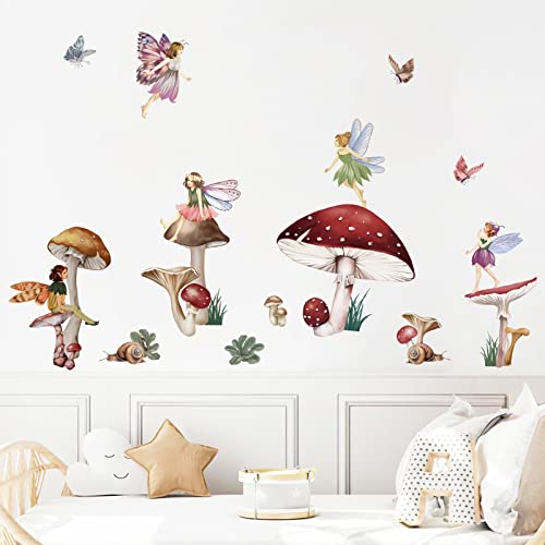 wondever Fairy Mushroom Wall Stickers Flying Girl with Wings Peel and Stick Wall Art Decals for Kids Nursery Baby Room Bedroom