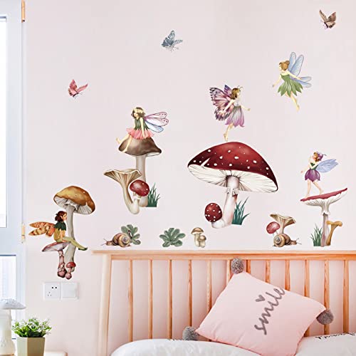 wondever Fairy Mushroom Wall Stickers Flying Girl with Wings Peel and Stick Wall Art Decals for Kids Nursery Baby Room Bedroom