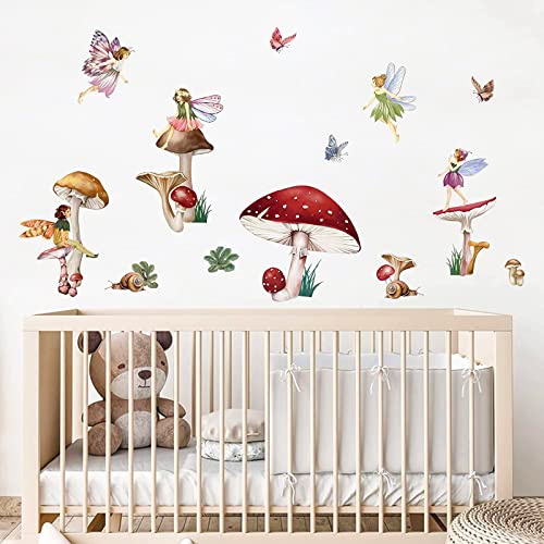 wondever Fairy Mushroom Wall Stickers Flying Girl with Wings Peel and Stick Wall Art Decals for Kids Nursery Baby Room Bedroom