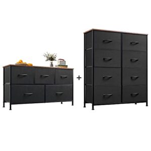 WLIVE 5-Drawer Dresser and 8-Drawer Dresser Set, Fabric Storage Tower for Bedroom, Hallway, Nursery, Closets, Tall Chest Organizer Unit with Textured Print Fabric Bins, Steel Frame, Wood Top, Easy Pul