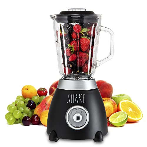 Rae Dunn Table and Countertop Blender- 2 Speed Blender with 1.5 L Glass Container and Lid, 500 W Shake and Smoothie Maker, Juice Blender with 6 Blades (Black)