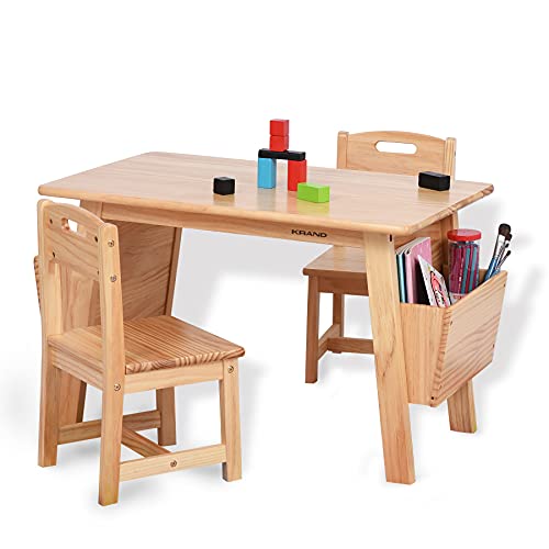 KRAND Kids Solid Wood Table and 2 Chair Set with Storage Desk and Chair Set for Children Toddler Activity Table (Solid Wood/Natural)