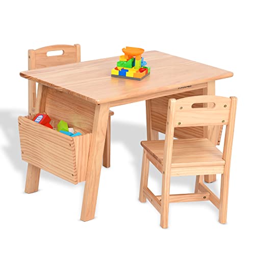 KRAND Kids Solid Wood Table and 2 Chair Set with Storage Desk and Chair Set for Children Toddler Activity Table (Solid Wood/Natural)