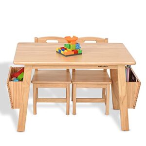 KRAND Kids Solid Wood Table and 2 Chair Set with Storage Desk and Chair Set for Children Toddler Activity Table (Solid Wood/Natural)