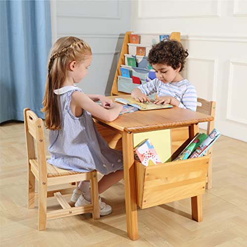 KRAND Kids Solid Wood Table and 2 Chair Set with Storage Desk and Chair Set for Children Toddler Activity Table (Solid Wood/Natural)