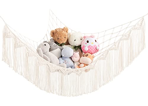 Mkono Stuffed Animal Hammock Macrame Toy Storage Organizer with Lights and Tassels Boho Hanging Stuff Animals Net Large Capability Corner Toys Display Holder for Nursery Kid Room Playroom, 1 piece