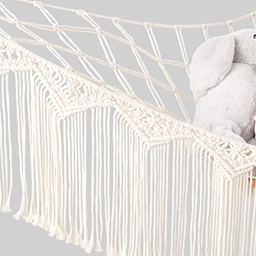 Mkono Stuffed Animal Hammock Macrame Toy Storage Organizer with Lights and Tassels Boho Hanging Stuff Animals Net Large Capability Corner Toys Display Holder for Nursery Kid Room Playroom, 1 piece