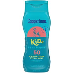 coppertone kids sunscreen lotion spf 50, water resistant sunscreen for kids, #1 pediatrician recommended sunscreen brand, tear free sunscreen lotion, 8 fl oz bottle