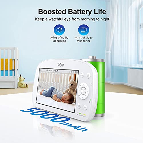 Baby Monitor 5.5" 720p HD Video Baby Monitor, 5000mAh Battery 26-Hour Audio Monitoring, Night Vision, Remote Pan Tilt, 2 Way Talk, VOX, Temperature, Feeding Reminder, 4X Zoom, 1000ft Range, Lullabies