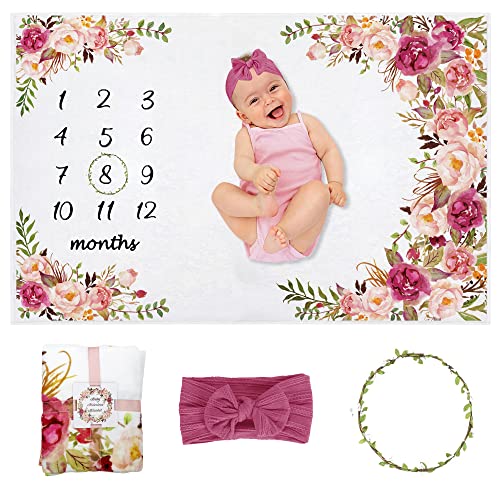 Yokakio Baby Monthly Milestone Blanket Girl, Milestone Blanket for Baby Girl, Track Growth and Age, Newborn Shower Gifts for Mom, Includes Floral Wreath & Pink Bow Headband, 60" X 40"