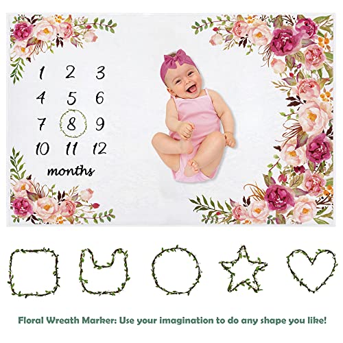 Yokakio Baby Monthly Milestone Blanket Girl, Milestone Blanket for Baby Girl, Track Growth and Age, Newborn Shower Gifts for Mom, Includes Floral Wreath & Pink Bow Headband, 60" X 40"