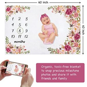 Yokakio Baby Monthly Milestone Blanket Girl, Milestone Blanket for Baby Girl, Track Growth and Age, Newborn Shower Gifts for Mom, Includes Floral Wreath & Pink Bow Headband, 60" X 40"