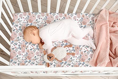 TotAha Premium Stretchy Crib Sheets (2-Pack)-Hypoallergenic, Silky Comfort, Buttery Soft, Calming Effect, All-Season Jersey-Knit Sheets, 9'' Extra Deep Pocket(Meredith Allover Floral & Pale Pink)