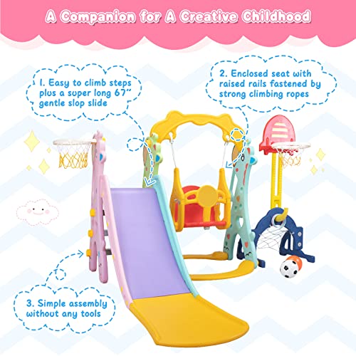 5 in 1 Kids Slide for Toddlers Age 1-3, Slide and Swing Set for Children Baby Indoor Outdoor, Playsets Playground Sets for Backyards Plastic