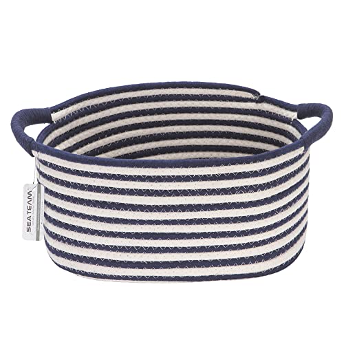 Sea Team Oval Cotton Rope Storage Basket, Woven Storage Bin, Nursery Storage Container with Handles, Diaper Caddy, Baby Shower Basket, Storage Box, Organizer, 15 x 11 x 6.5 Inches (Medium, Navy Blue)