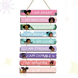 Yookeer Set of 9 Black Girl Wall Art Decor Wood Motivational Girl Room Wall Art Rainbow Color Positive Inspirational Wall Hanging Sign for Baby Kids Teen Present Bedroom Nursery Decoration