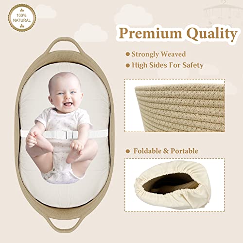 meloom Baby Changing Basket with Pads and Safety Belt- 100% Cotton Boho Baby Moses Basket Changing Table and Thick Pad with Waterproof Mattress Cover, Nursery Decor in Taupe Color with Storage Bag