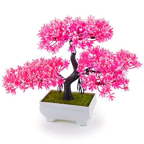 LYSTAR Artificial Pine Tree Bonsai - Realistic Plastic Tree for Office Desk Decor - Fake Bonsai with Natural Appearance and Texture, Perfect for Home and Workplace (Pink)