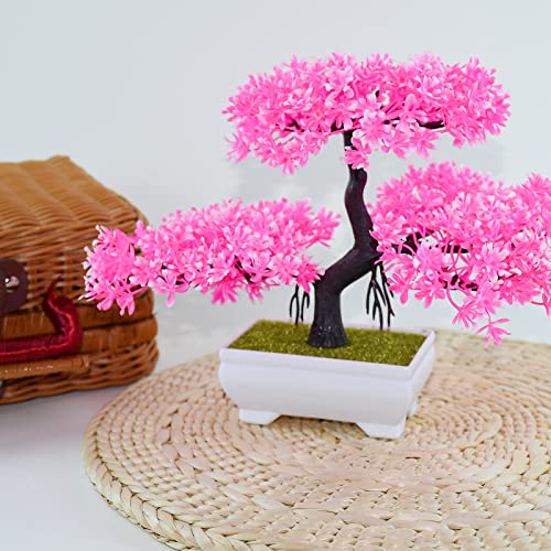 LYSTAR Artificial Pine Tree Bonsai - Realistic Plastic Tree for Office Desk Decor - Fake Bonsai with Natural Appearance and Texture, Perfect for Home and Workplace (Pink)