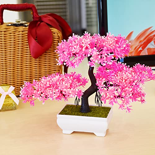 LYSTAR Artificial Pine Tree Bonsai - Realistic Plastic Tree for Office Desk Decor - Fake Bonsai with Natural Appearance and Texture, Perfect for Home and Workplace (Pink)