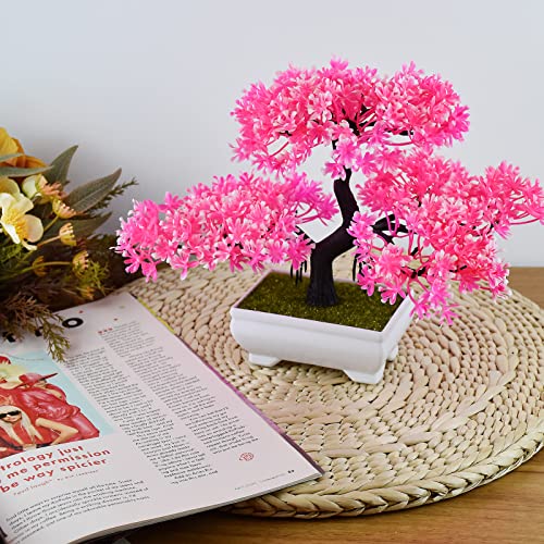 LYSTAR Artificial Pine Tree Bonsai - Realistic Plastic Tree for Office Desk Decor - Fake Bonsai with Natural Appearance and Texture, Perfect for Home and Workplace (Pink)