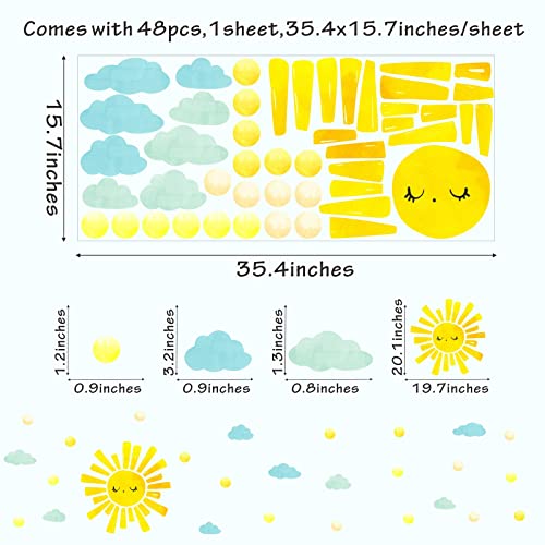 Watercolor Sun and Clouds Wall Decals Polka Dots Decal Clouds Wall Stickers Peel and Stick Sun Wall Stickers for Kids Nursery Bedroom Living Room Decor