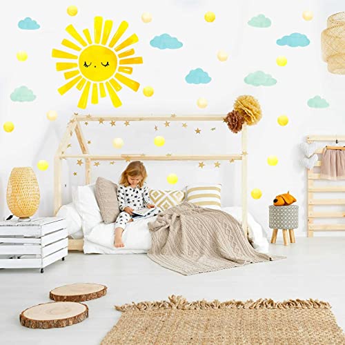 Watercolor Sun and Clouds Wall Decals Polka Dots Decal Clouds Wall Stickers Peel and Stick Sun Wall Stickers for Kids Nursery Bedroom Living Room Decor