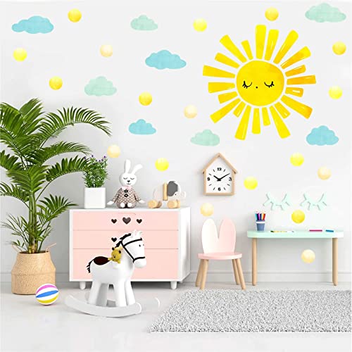 Watercolor Sun and Clouds Wall Decals Polka Dots Decal Clouds Wall Stickers Peel and Stick Sun Wall Stickers for Kids Nursery Bedroom Living Room Decor