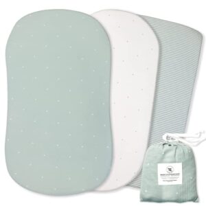 poppi & max 100% organic cotton bassinet sheets for boy girl | 3-pack premium jersey bassinet sheet set | fitted baby sheets for standard bassinet pads | bassinet cover | misty sage star spot stripe