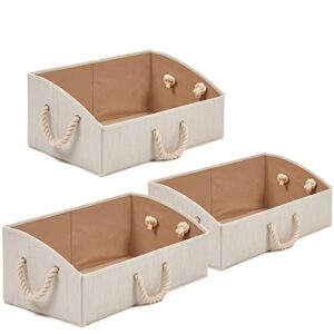 EZOWare Set of 3 Large Storage Bins Foldable Fabric Trapezoid Organizer Boxes with Cotton Rope Handle, Collapsible Basket for Closet, Baby Toys, Diaper - Beige