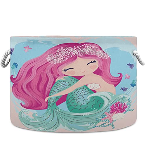 MNSRUU Storage Basket 20"x14" Little Lovely Mermaid Princess Round Storage Organizer Basket with Handles, Fabric Nursery Laundry Basket Large Capacity