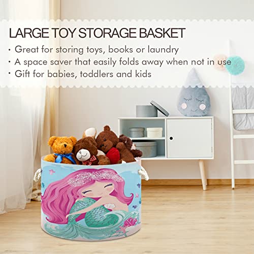 MNSRUU Storage Basket 20"x14" Little Lovely Mermaid Princess Round Storage Organizer Basket with Handles, Fabric Nursery Laundry Basket Large Capacity