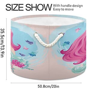 MNSRUU Storage Basket 20"x14" Little Lovely Mermaid Princess Round Storage Organizer Basket with Handles, Fabric Nursery Laundry Basket Large Capacity