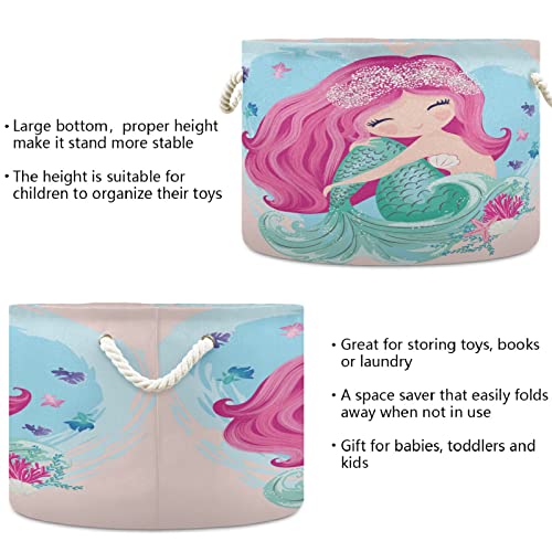 MNSRUU Storage Basket 20"x14" Little Lovely Mermaid Princess Round Storage Organizer Basket with Handles, Fabric Nursery Laundry Basket Large Capacity