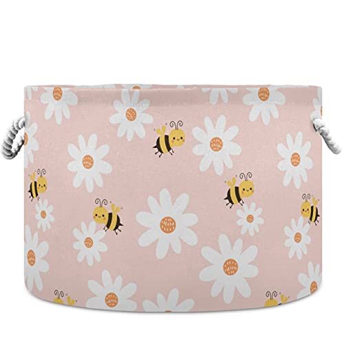 MNSRUU Storage Basket 20"x14" Daisy Flower and Bee Pink Round Storage Organizer Basket with Handles, Fabric Nursery Laundry Basket Large Capacity