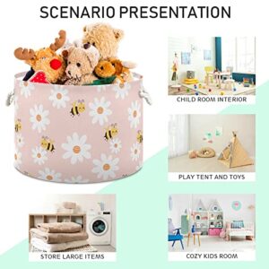 MNSRUU Storage Basket 20"x14" Daisy Flower and Bee Pink Round Storage Organizer Basket with Handles, Fabric Nursery Laundry Basket Large Capacity