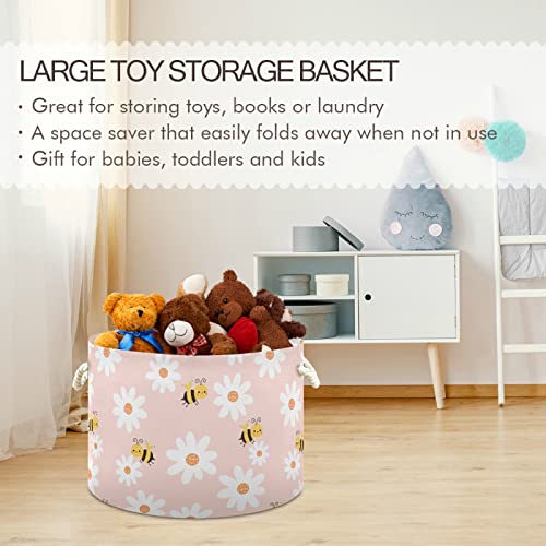 MNSRUU Storage Basket 20"x14" Daisy Flower and Bee Pink Round Storage Organizer Basket with Handles, Fabric Nursery Laundry Basket Large Capacity