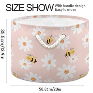 MNSRUU Storage Basket 20"x14" Daisy Flower and Bee Pink Round Storage Organizer Basket with Handles, Fabric Nursery Laundry Basket Large Capacity