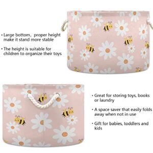 MNSRUU Storage Basket 20"x14" Daisy Flower and Bee Pink Round Storage Organizer Basket with Handles, Fabric Nursery Laundry Basket Large Capacity