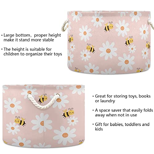 MNSRUU Storage Basket 20"x14" Daisy Flower and Bee Pink Round Storage Organizer Basket with Handles, Fabric Nursery Laundry Basket Large Capacity