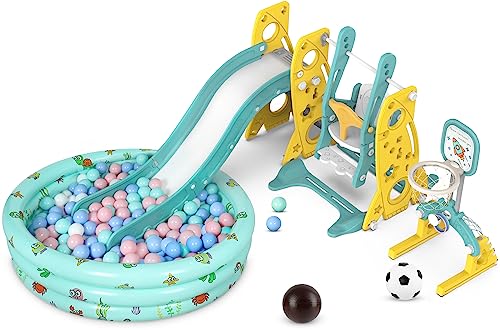 Amictoy Toddler Slide and Swing Set, 6 in 1 Kids Climber Playset for Toddlers Age 1-3, Freestanding Baby Slide Indoor Outdoor Playground w/Basketball Hoop, Swing and Ball Pool