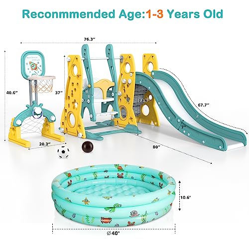 Amictoy Toddler Slide and Swing Set, 6 in 1 Kids Climber Playset for Toddlers Age 1-3, Freestanding Baby Slide Indoor Outdoor Playground w/Basketball Hoop, Swing and Ball Pool