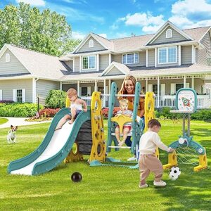 Amictoy Toddler Slide and Swing Set, 6 in 1 Kids Climber Playset for Toddlers Age 1-3, Freestanding Baby Slide Indoor Outdoor Playground w/Basketball Hoop, Swing and Ball Pool