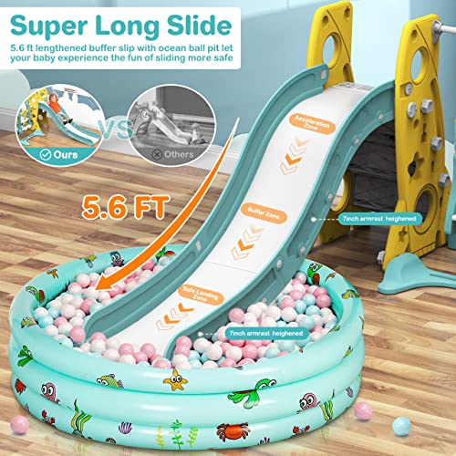 Amictoy Toddler Slide and Swing Set, 6 in 1 Kids Climber Playset for Toddlers Age 1-3, Freestanding Baby Slide Indoor Outdoor Playground w/Basketball Hoop, Swing and Ball Pool