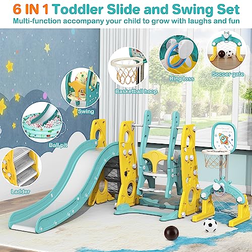 Amictoy Toddler Slide and Swing Set, 6 in 1 Kids Climber Playset for Toddlers Age 1-3, Freestanding Baby Slide Indoor Outdoor Playground w/Basketball Hoop, Swing and Ball Pool